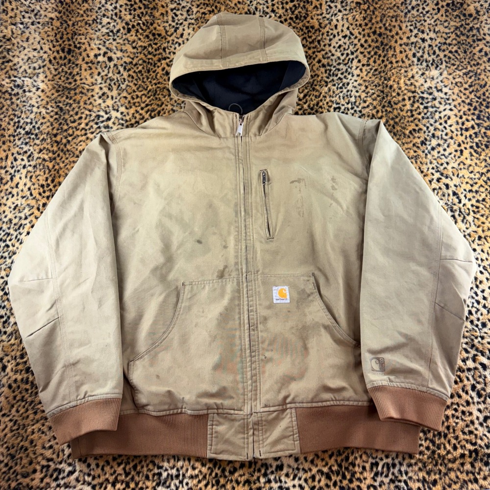 Carhartt Mens 2XL Tan Duck Canvas Hooded Full Zip Work Jacket Mesh Lined 1430